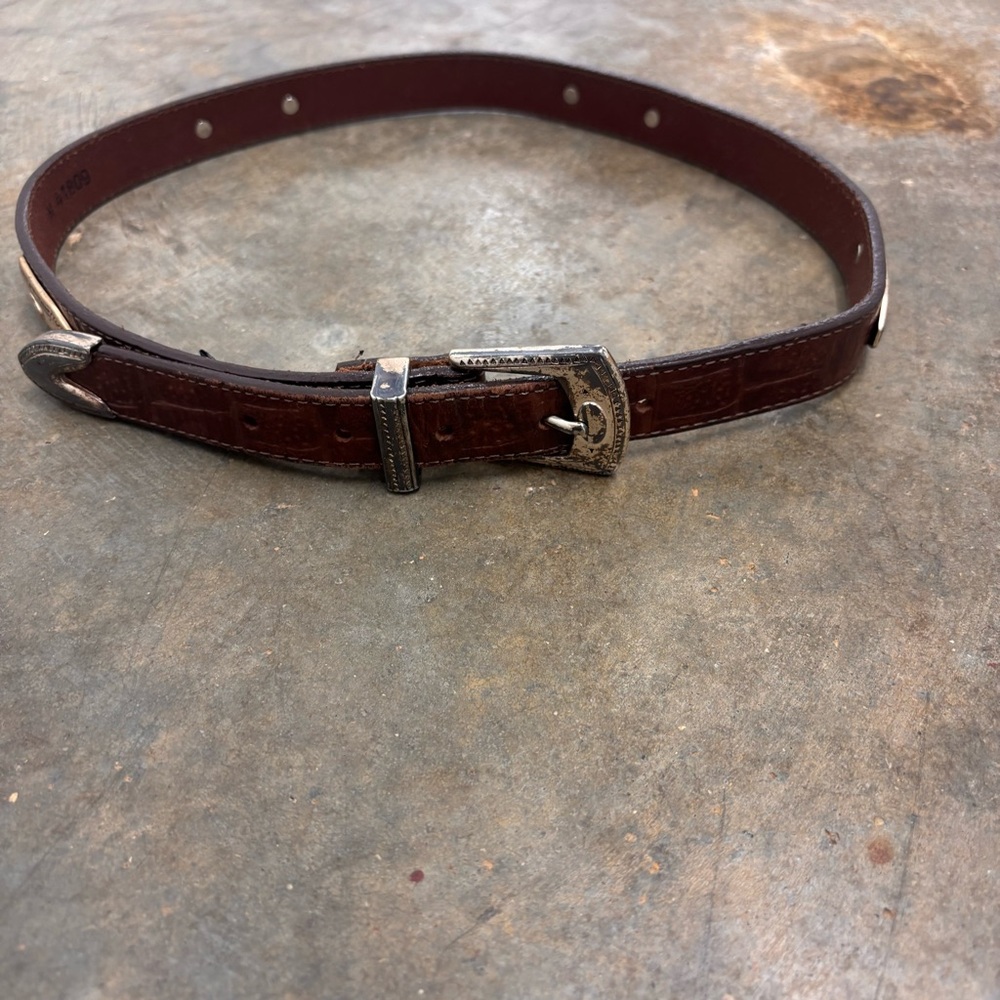 Vintage 1990s Brighton Croc Embossed Leather Silver Concho Belt Sz Medium 41809 - Picture 2 of 14